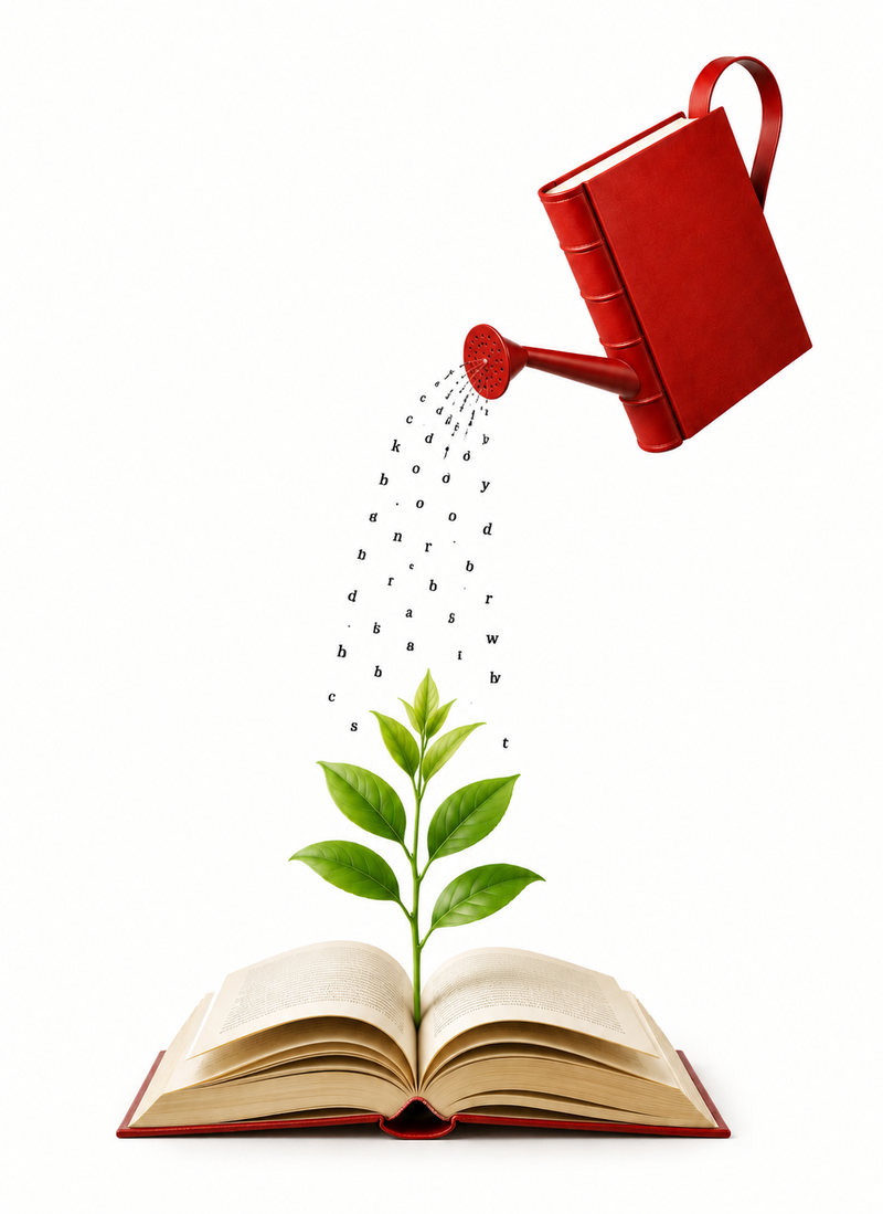 A red book shaped like a watering can pours letters onto a sapling growing from an open book.